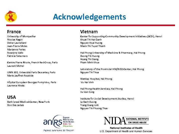 Acknowledgements France Vietnam University of Montpellier Nicolas Nagot Didier Laureillard Jean-Pierre Moles Marianne Peries