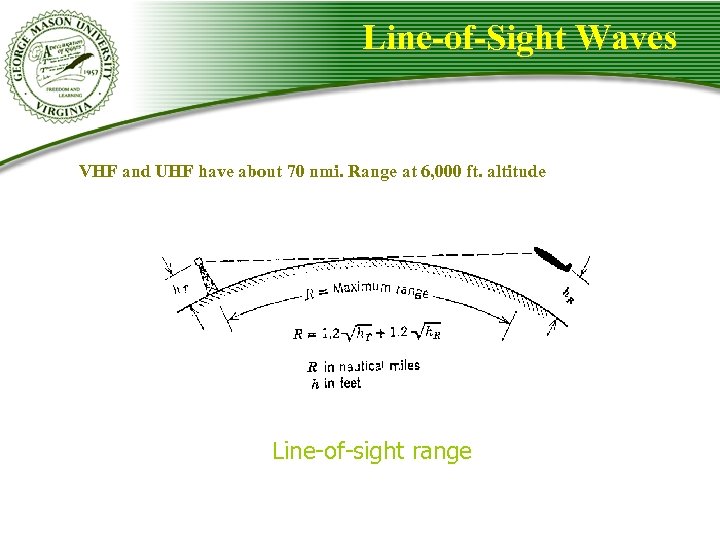 Line-of-Sight Waves VHF and UHF have about 70 nmi. Range at 6, 000 ft.