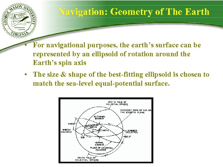 Navigation: Geometry of The Earth • For navigational purposes, the earth’s surface can be