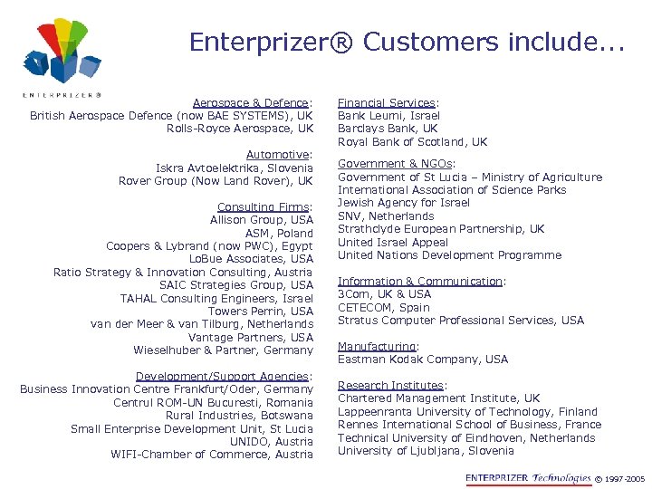 Enterprizer® Customers include. . . Aerospace & Defence: British Aerospace Defence (now BAE SYSTEMS),