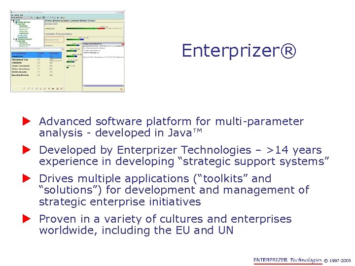 Enterprizer® u Advanced software platform for multi-parameter analysis - developed in Java™ u Developed