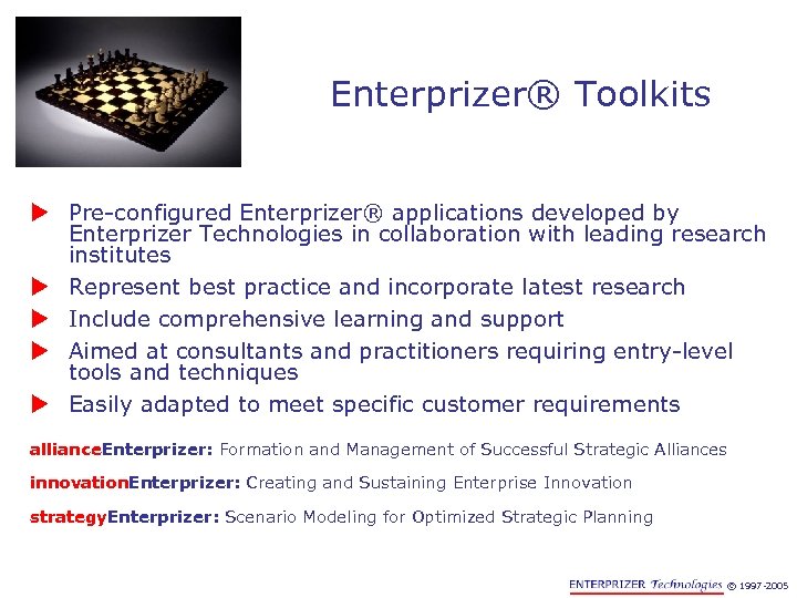 Enterprizer® Toolkits u Pre-configured Enterprizer® applications developed by Enterprizer Technologies in collaboration with leading