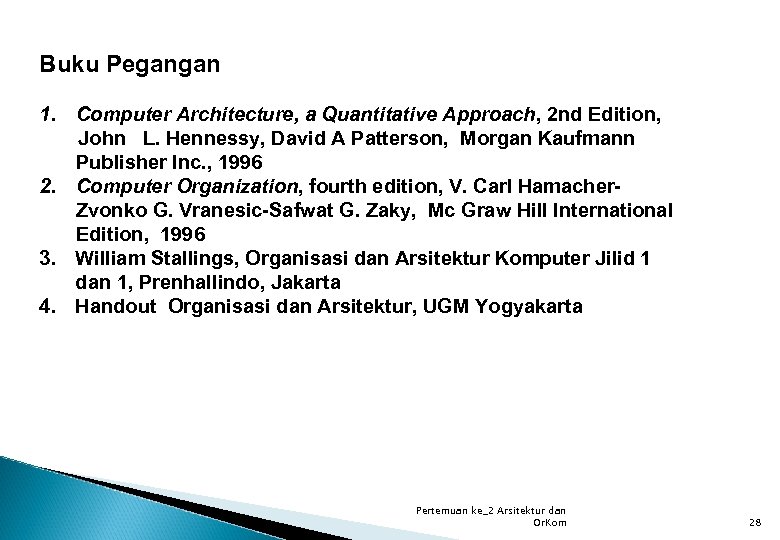 Buku Pegangan 1. Computer Architecture, a Quantitative Approach, 2 nd Edition, John L. Hennessy,