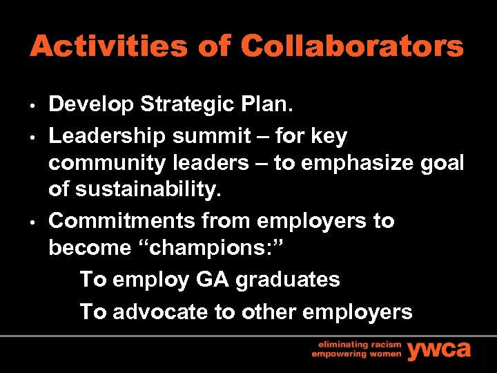 Activities of Collaborators • • • Develop Strategic Plan. Leadership summit – for key
