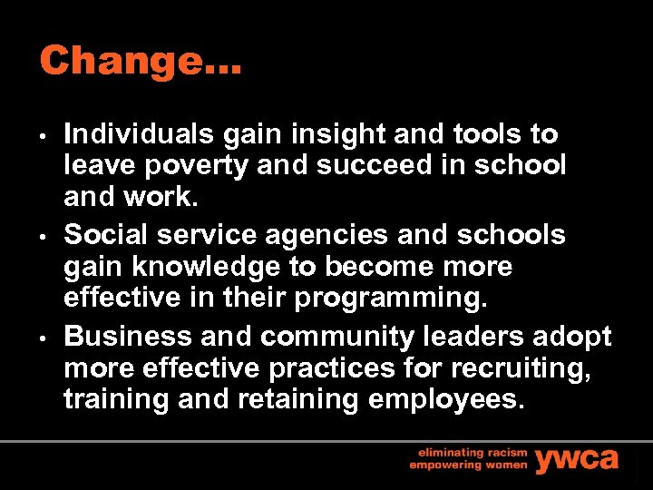 Change… • • • Individuals gain insight and tools to leave poverty and succeed