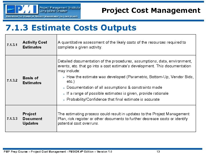 Project Cost Management 7. 1. 3 Estimate Costs Outputs Activity Cost Estimates A quantitative