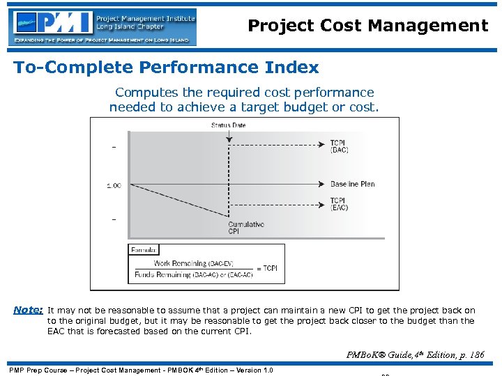 Project Cost Management To-Complete Performance Index Computes the required cost performance needed to achieve
