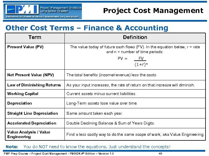 Project Cost Management Other Cost Terms – Finance & Accounting Term Present Value (PV)