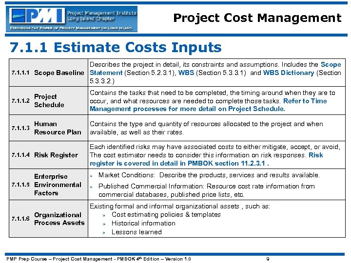 Project Cost Management 7. 1. 1 Estimate Costs Inputs Describes the project in detail,
