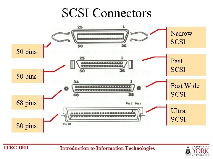 SCSI Connectors Narrow SCSI 50 pins Fast Wide SCSI 68 pins Ultra SCSI 80