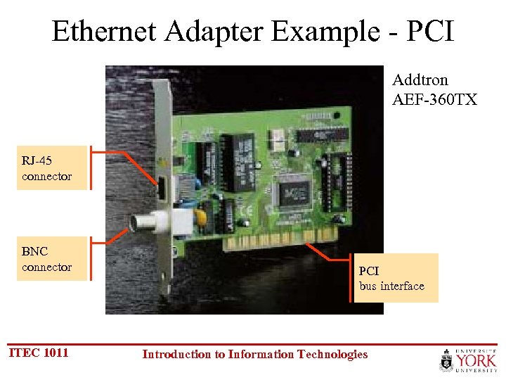 Ethernet Adapter Example - PCI Addtron AEF-360 TX RJ-45 connector BNC connector ITEC 1011