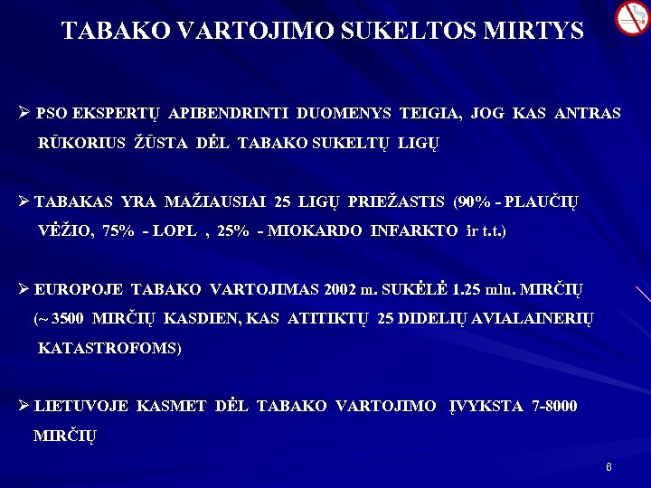 TABAKO VARTOJIMO SUKELTOS MIRTYS Ø PSO EKSPERTŲ APIBENDRINTI DUOMENYS TEIGIA, JOG KAS ANTRAS RŪKORIUS