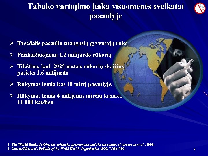 Tabako vartojimo įtaka visuomenės sveikatai pasaulyje Ø Trečdalis pasaulio suaugusių gyventojų rūko Ø Priskaičiuojama