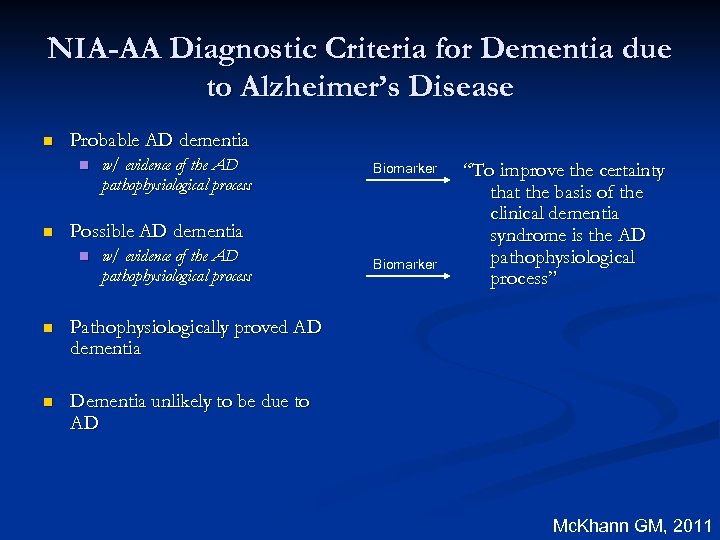 NIA-AA Diagnostic Criteria for Dementia due to Alzheimer’s Disease n Probable AD dementia n