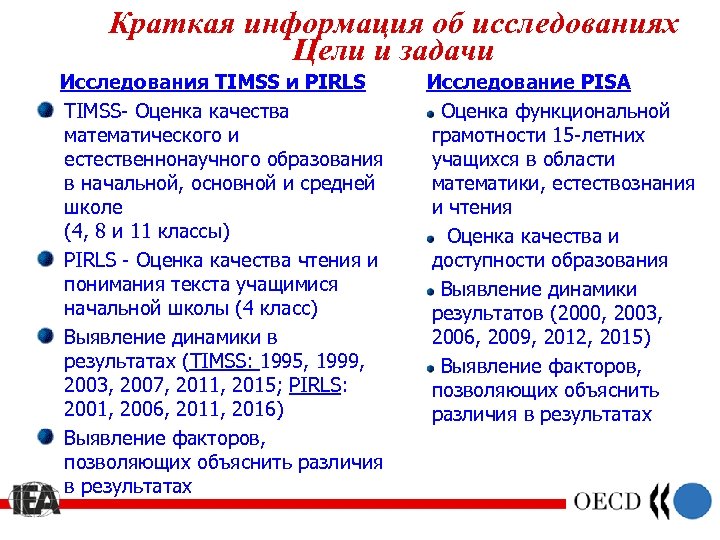 Краткая информация об исследованиях Цели и задачи Исследования TIMSS и PIRLS TIMSS- Оценка качества