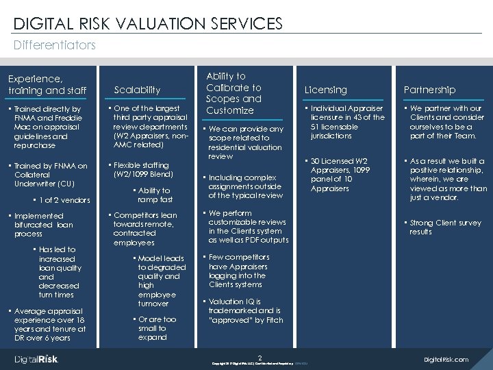DIGITAL RISK VALUATION SERVICES Differentiators Experience, training and staff Scalability • Trained directly by