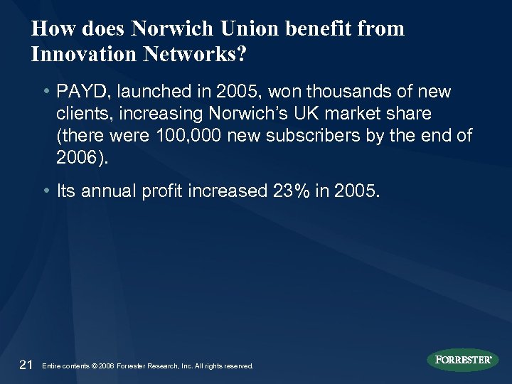 How does Norwich Union benefit from Innovation Networks? • PAYD, launched in 2005, won