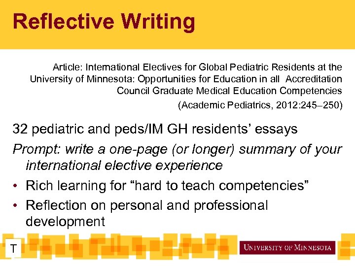 Reflective Writing Article: International Electives for Global Pediatric Residents at the University of Minnesota: