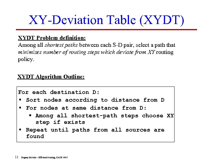 XY-Deviation Table (XYDT) XYDT Problem definition: Among all shortest paths between each S-D pair,