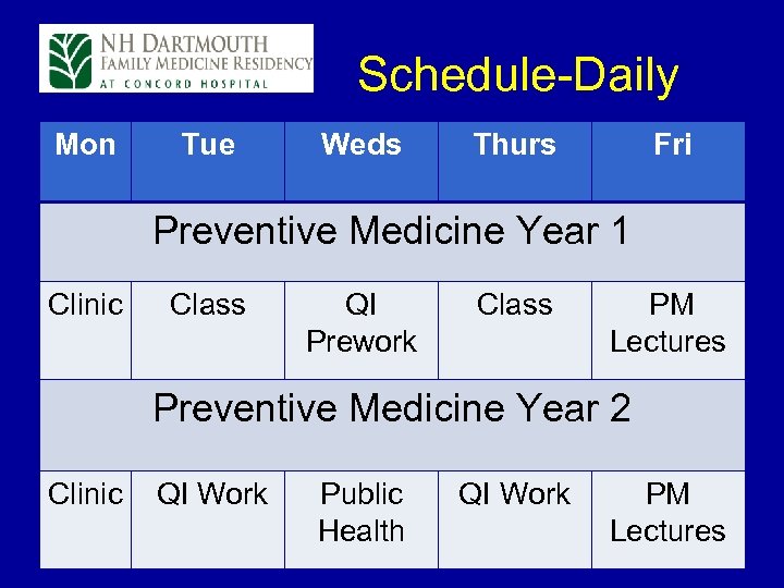  Schedule-Daily Mon Tue Weds Thurs Fri Preventive Medicine Year 1 Clinic Class QI