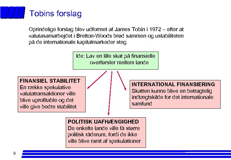 Tobins forslag Oprindelige forslag blev udformet af James Tobin i 1972 – efter at