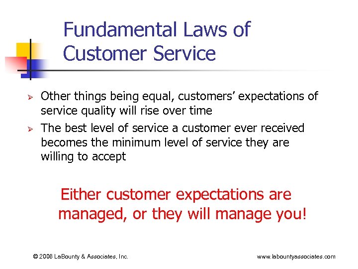 Fundamental Laws of Customer Service Ø Ø Other things being equal, customers’ expectations of