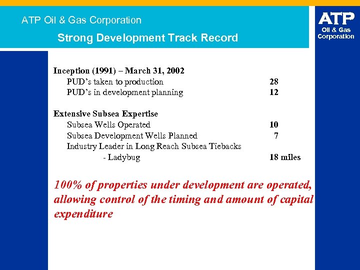 ATP Oil & Gas Corporation Strong Development Track Record Inception (1991) – March 31,