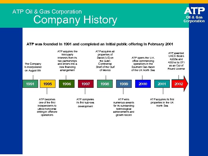 ATP Oil & Gas Corporation Company History Oil & Gas Corporation ATP was founded