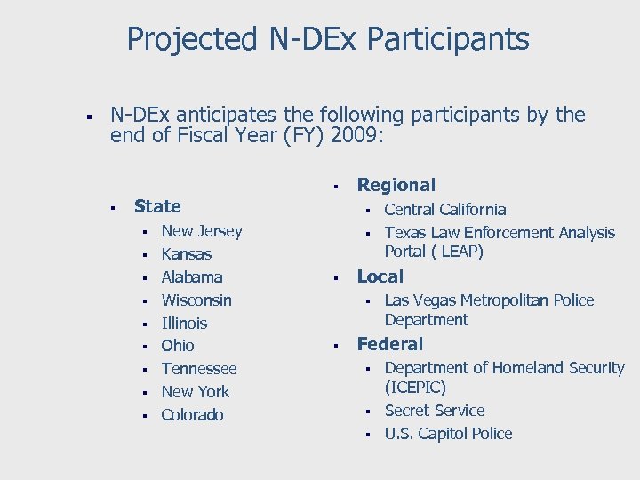 Projected N-DEx Participants § N-DEx anticipates the following participants by the end of Fiscal