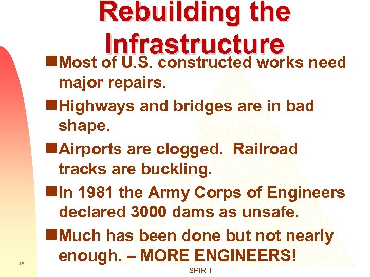 Rebuilding the Infrastructure g Most of U. S. constructed works need 18 major repairs.