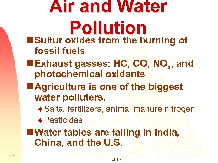 Air and Water Pollution g Sulfur oxides from the burning of fossil fuels g