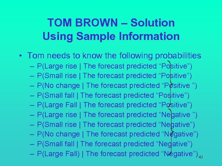 TOM BROWN – Solution Using Sample Information • Tom needs to know the following