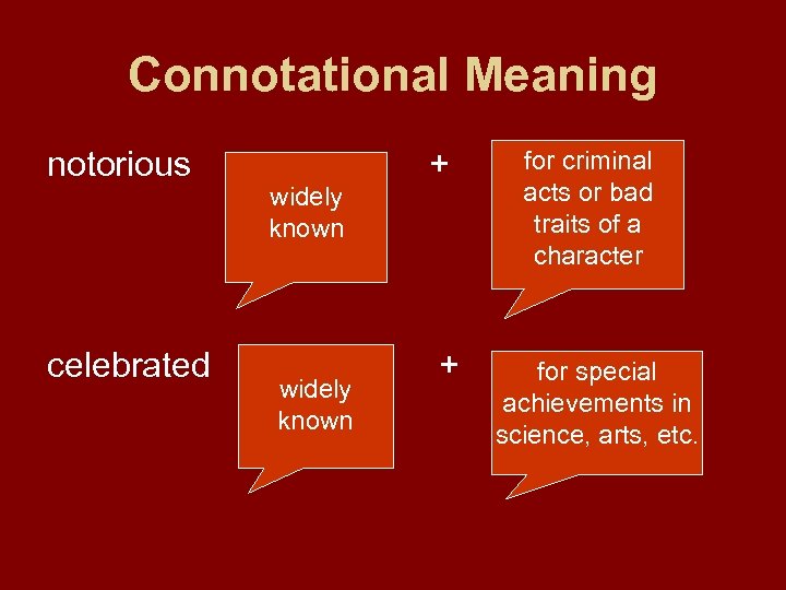 Connotational Meaning notorious celebrated widely known + + for criminal acts or bad traits