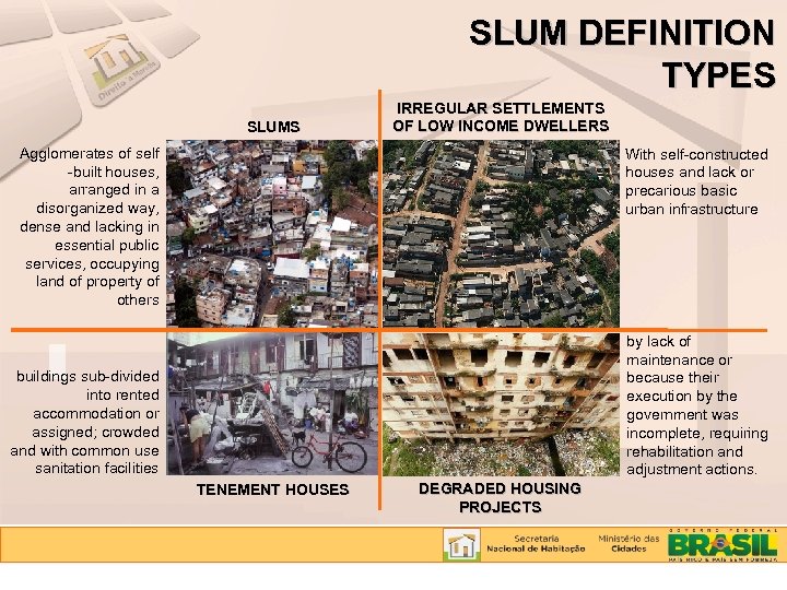 SLUM DEFINITION TYPES SLUMS IRREGULAR SETTLEMENTS OF LOW INCOME DWELLERS Agglomerates of self -built