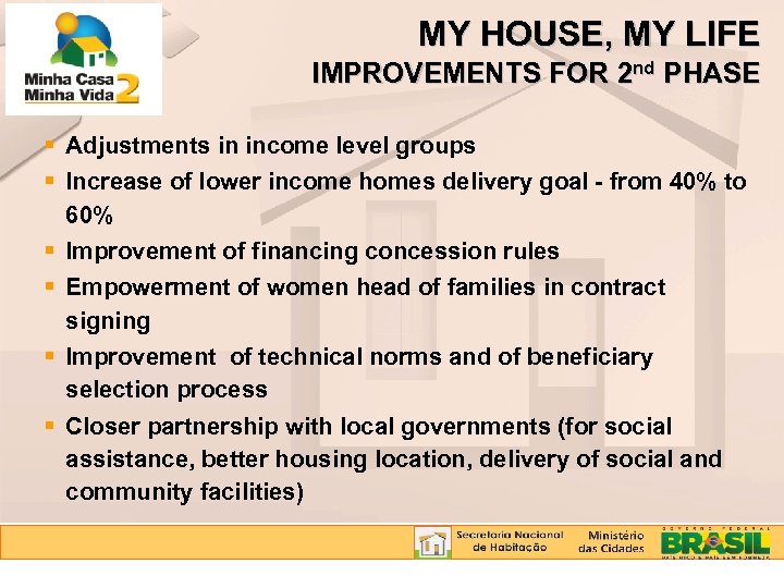 MY HOUSE, MY LIFE IMPROVEMENTS FOR 2 nd PHASE Adjustments in income level groups