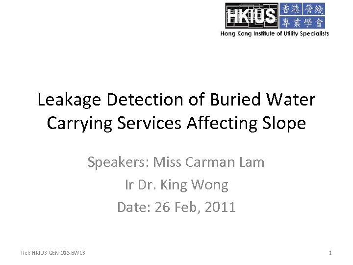 Leakage Detection of Buried Water Carrying Services Affecting Slope Speakers: Miss Carman Lam Ir