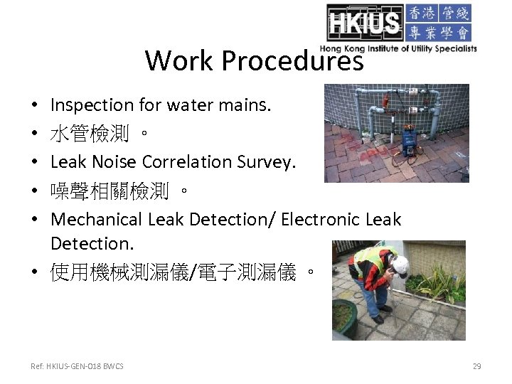 Work Procedures Inspection for water mains. 水管檢測 。 Leak Noise Correlation Survey. 噪聲相關檢測 。