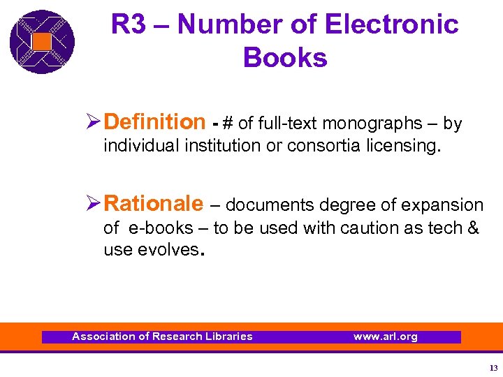 R 3 – Number of Electronic Books Ø Definition - # of full-text monographs