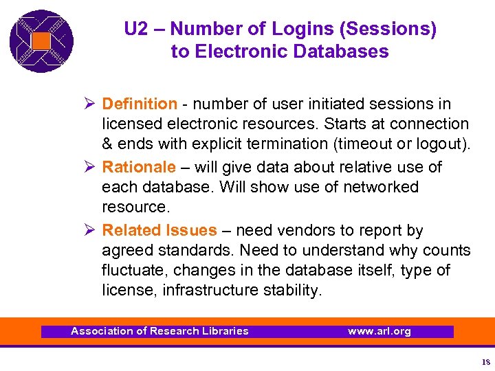 U 2 – Number of Logins (Sessions) to Electronic Databases Ø Definition - number