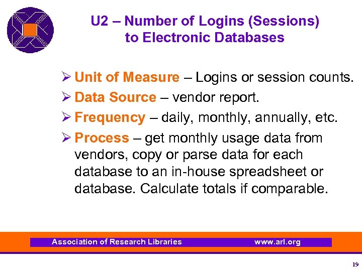 U 2 – Number of Logins (Sessions) to Electronic Databases Ø Unit of Measure