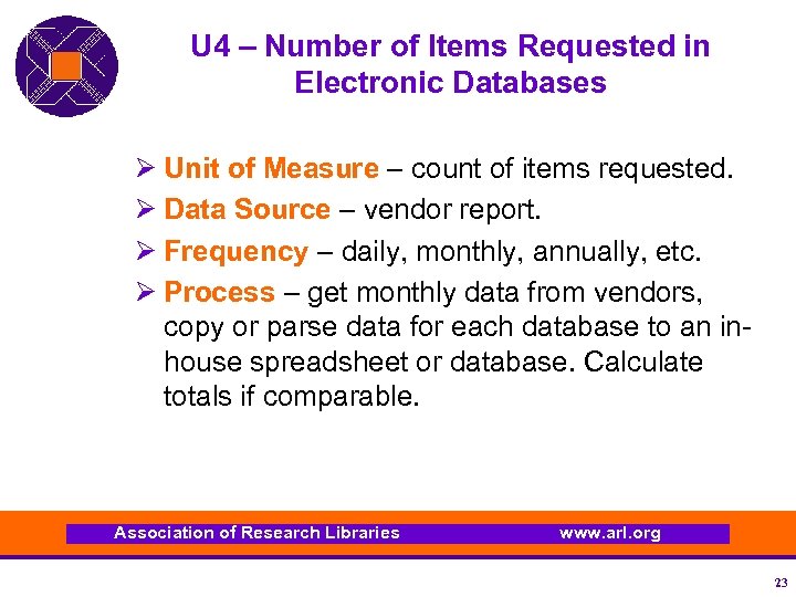 U 4 – Number of Items Requested in Electronic Databases Ø Unit of Measure