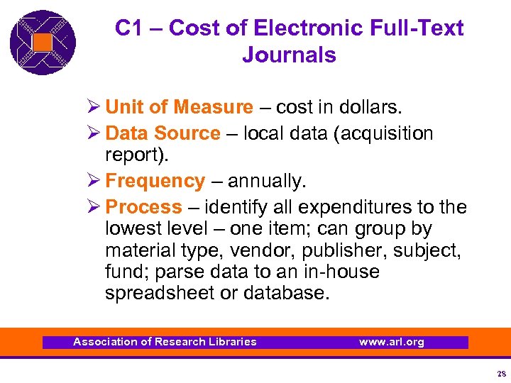 C 1 – Cost of Electronic Full-Text Journals Ø Unit of Measure – cost