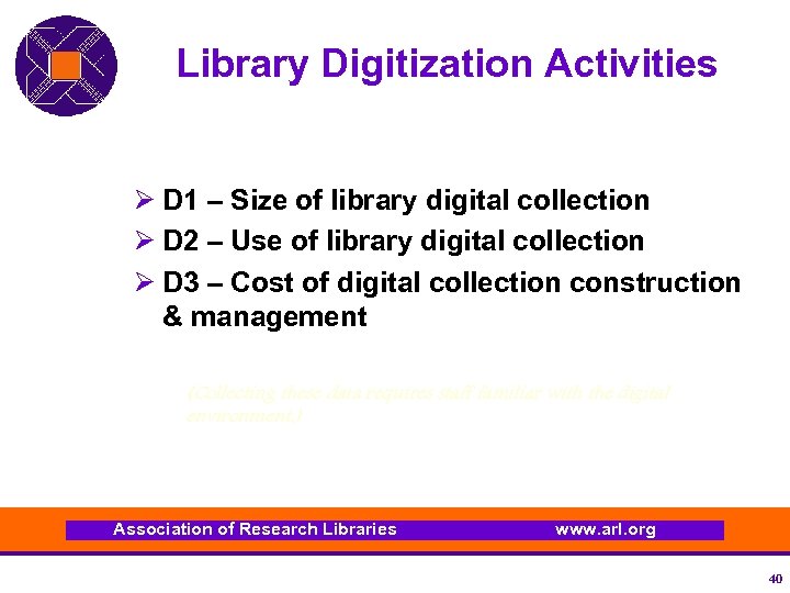 Library Digitization Activities Ø D 1 – Size of library digital collection Ø D