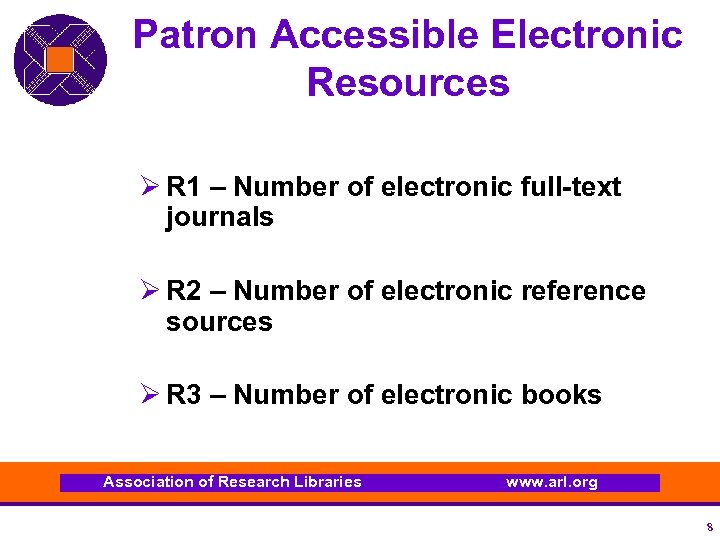 Patron Accessible Electronic Resources Ø R 1 – Number of electronic full-text journals Ø