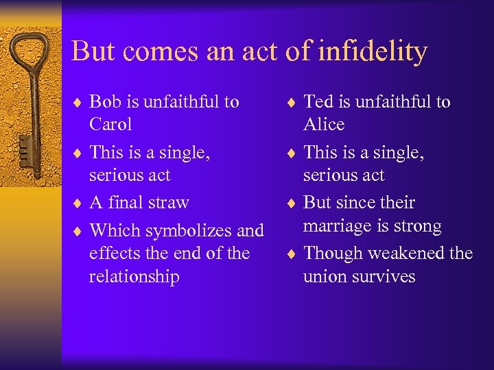 But comes an act of infidelity ¨ Bob is unfaithful to ¨ Ted is