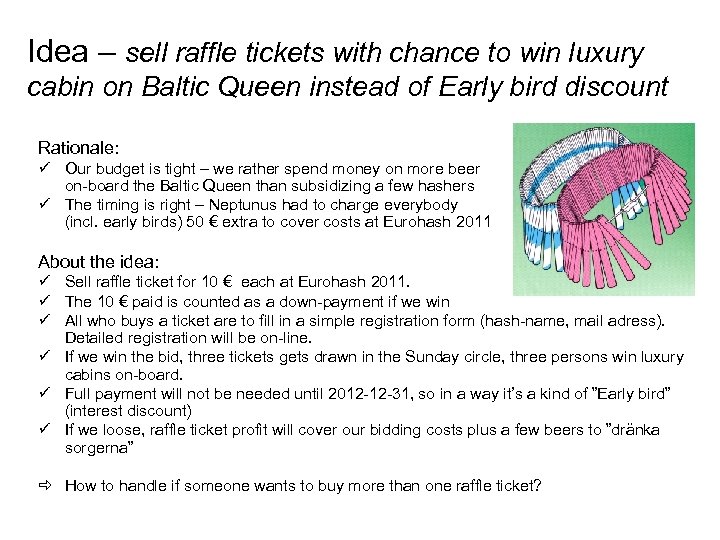 Idea – sell raffle tickets with chance to win luxury cabin on Baltic Queen