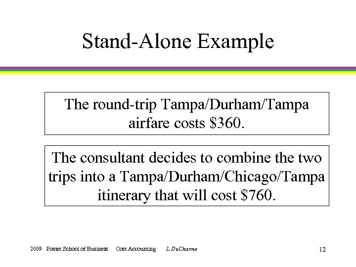 Stand-Alone Example The round-trip Tampa/Durham/Tampa airfare costs $360. The consultant decides to combine the