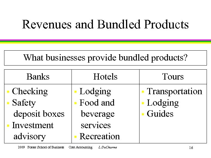 Revenues and Bundled Products What businesses provide bundled products? Banks Hotels Tours § Checking