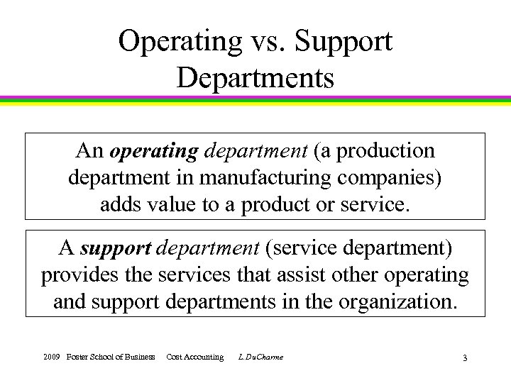 Operating vs. Support Departments An operating department (a production department in manufacturing companies) adds