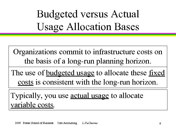 Budgeted versus Actual Usage Allocation Bases Organizations commit to infrastructure costs on the basis